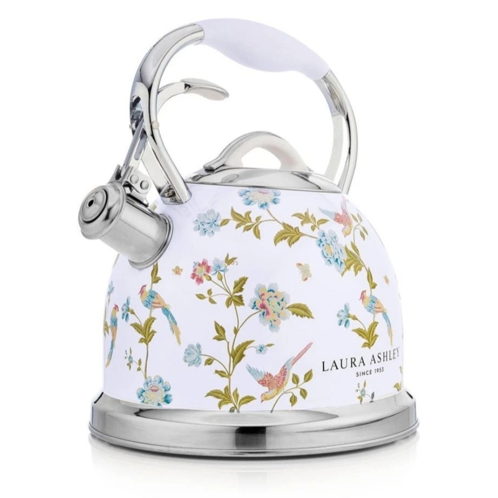 Laura Ashley Stovetop Kettle White: Stainless Steel Lid&Tea Maker Rubber Handle